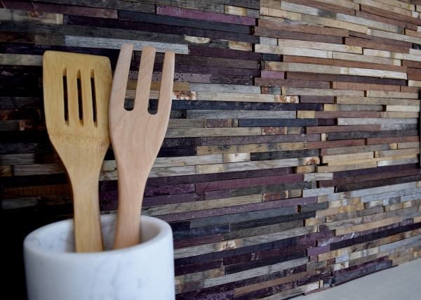 Custom backsplash with recycled wood remnants